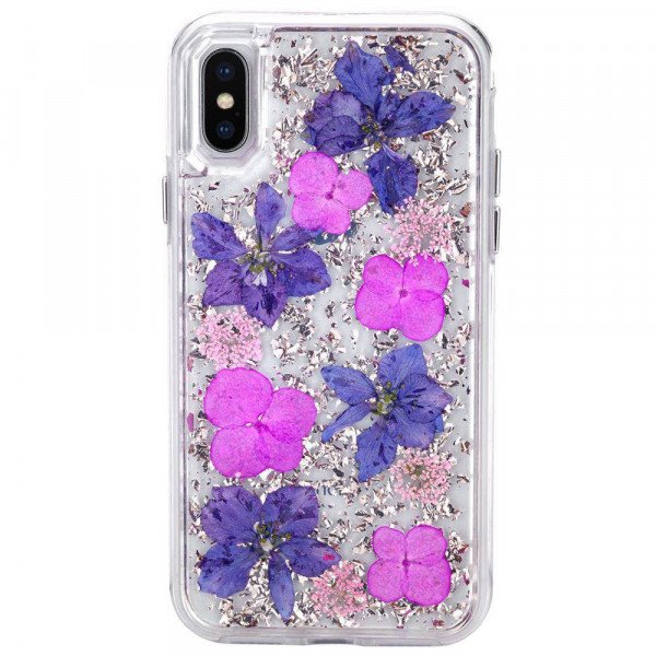 Wholesale iPhone Xr 6.1in Luxury Glitter Dried Natural Flower Petal Clear Hybrid Case (Rose Gold Purple)